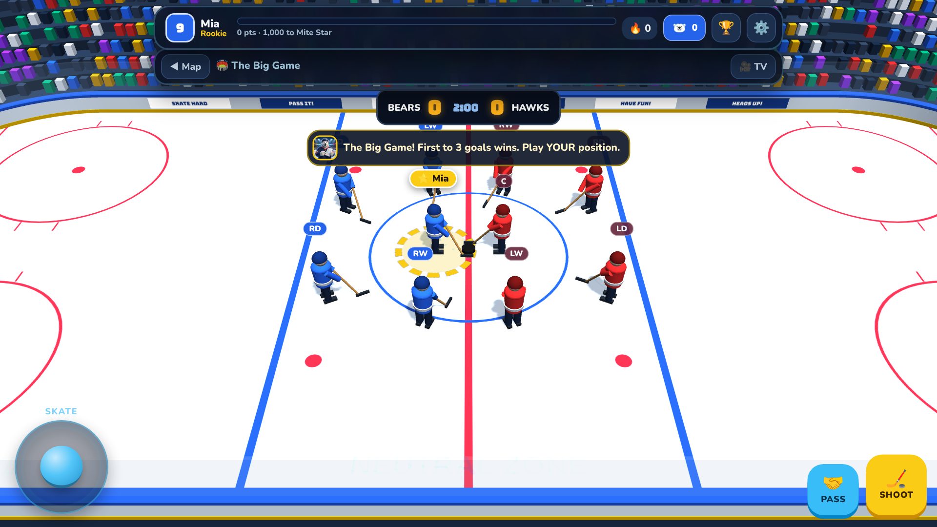 RinkQuest gameplay: a 3D rink at a center-ice faceoff, with a joystick and pass and shoot buttons
